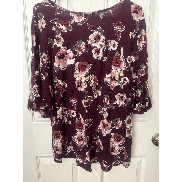 Women ladies short ruffle sleeve maroon red floral top shirt - Picture 6 of 6